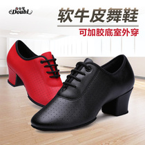 Latin dance shoes teacher shoes ballroom dance shoes womens outdoor black leather soft sole mid-heel ballroom dance square dance shoes