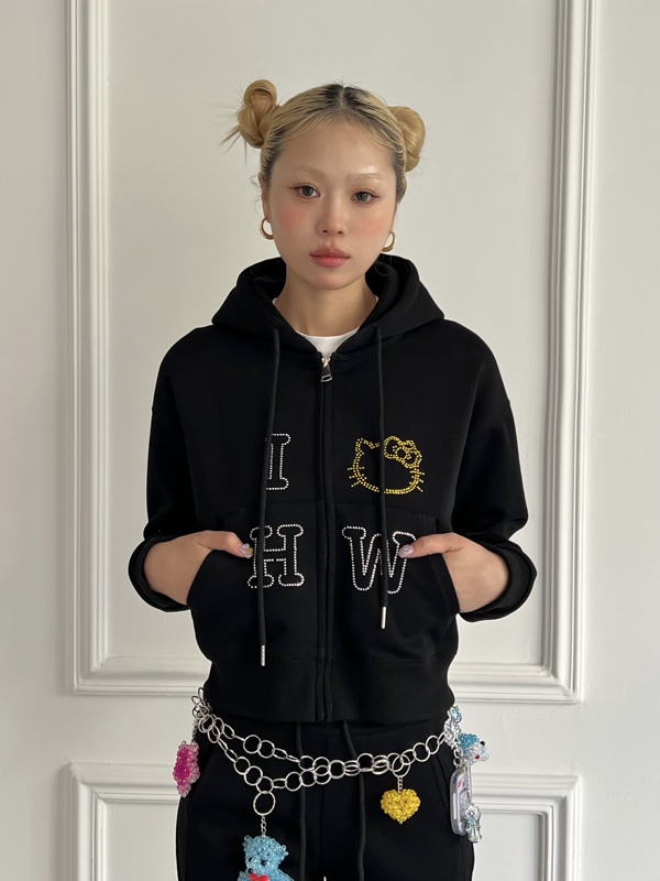 Hooei Wood/Hot-Stitched Rhinestone Kitty Hooded Cardigan Sweatshirt Jacket and Flared Sweatpants Set