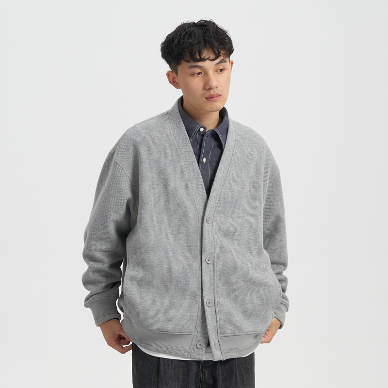 Urban Lost Japanese Retro Solid Color Waffle Knit Cardigan Jacket Heavyweight 400Gv Collar Long-Sleeve Top