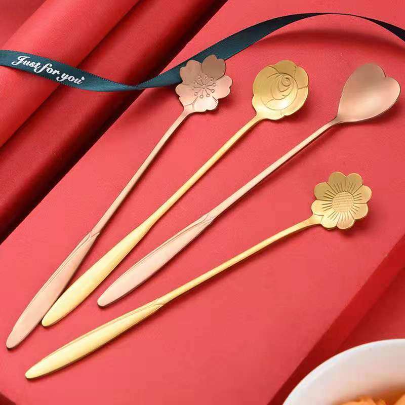 Stainless steel mesh red spoon love long handle cherry blossom coffee spoon mixing spoon gift