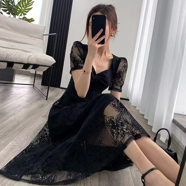 Goddess Fan black dress female summer new large size fat sister French Hepburn style retro lace little black dress