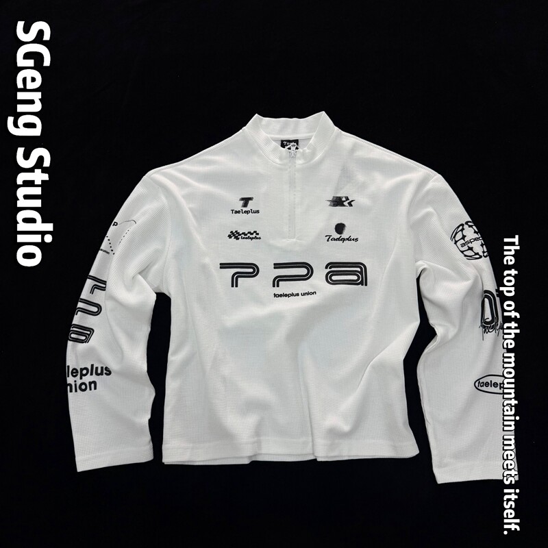 Sgeng.2026 American Motorcycle Style Stand Collar Half-Zip Long-Sleeve T-Shirt Loose Racing Print Sports Top Trendy