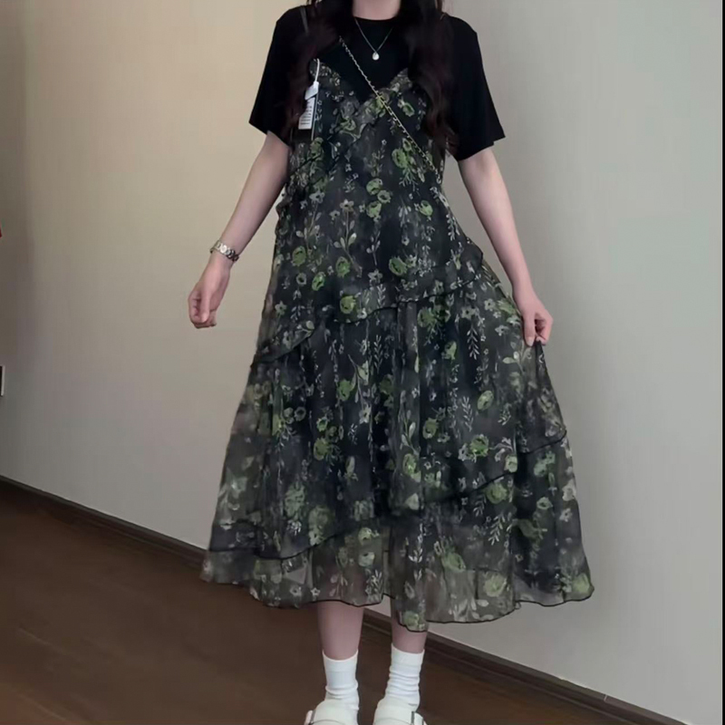 Plus Size 2026 Summer New Vintage Style Loose Slimming Dress for Slightly Chubby Women, Floral Fake Two-Piece Dress
