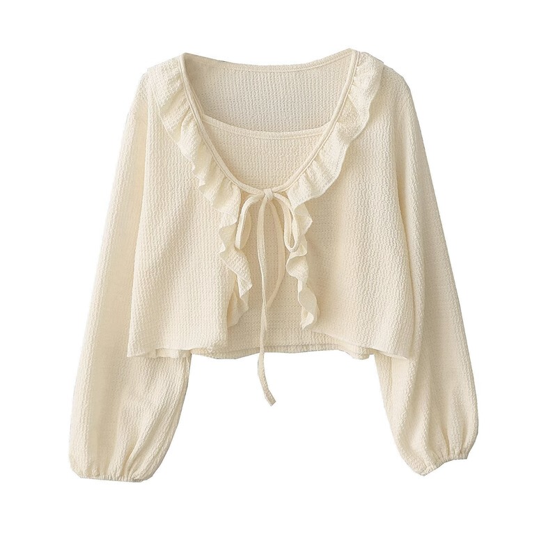 Summer New Style French Retro Gentle Ruffle-Edged Sun Protection Cardigan + Camisole Two-Piece Set for Commuting