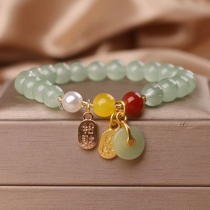 Aventurine Green Bead Vintage Green Peace Buckle Light Luxury Bracelet Single Circle Bracelet