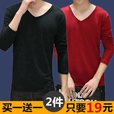 Men's long-sleeved T-shirt v-neck pure cotton shirt autumn coat long heart summer outer wear thin T-shirt summer