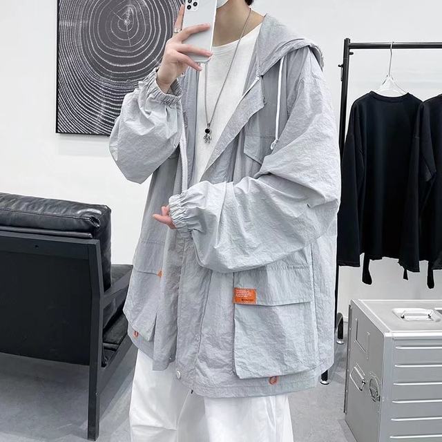 Grey salt style street work jacket men's summer ບາງ jacket hooded oversize sun protection clothes jacket