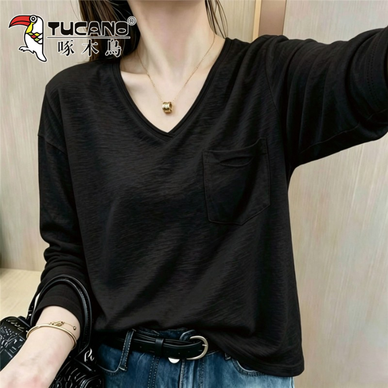 Woodpecker Bamboo Cotton Black Slim-Fit Regular Shoulder Long-Sleeve T-Shirt for Women, New Korean Fashion Versatile Top for Spring and Autumn Woodpecker Bamboo Cotton Black Slim-Fit Regular Shoulder Long-Sleeve T-Shirt for Women, New Korean Fashion Versatile Top for Spring and Autumn