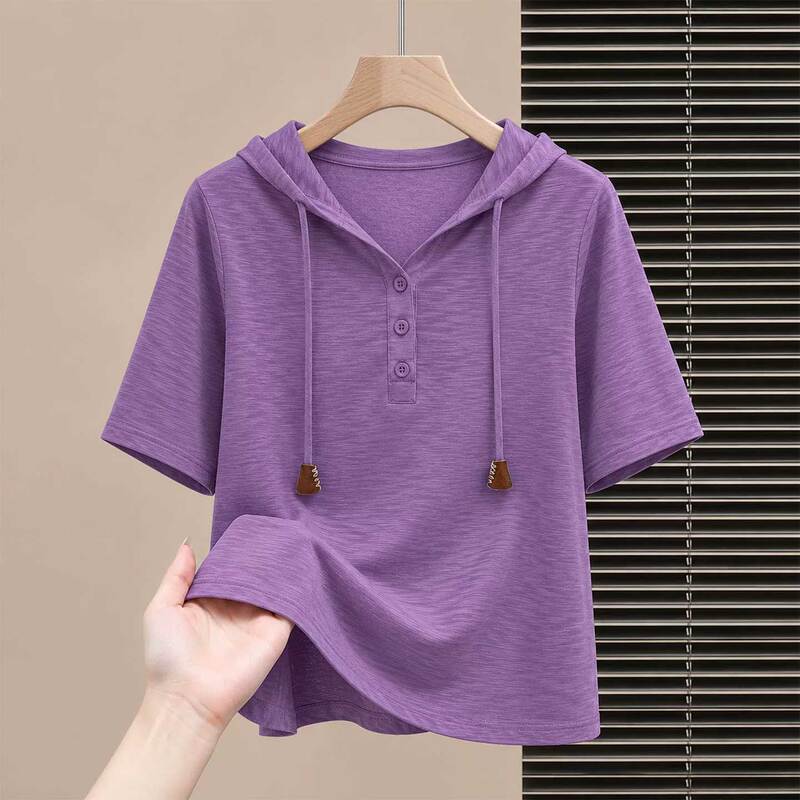 Woodpecker Hooded Bamboo Cotton Short-Sleeve T-Shirt for Women, Summer Purple High-End Designer Sweatshirt with a Premium Feel