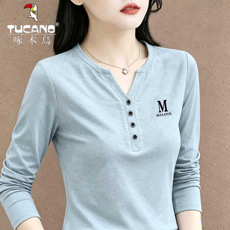 Woodpecker Pure Cotton Light Blue Loose Slimming Long-Sleeve T-Shirt for Women, Autumn Design Base Shirt with Regular Shoulder V-Neck Top Woodpecker Pure Cotton Light Blue Loose Slimming Long-Sleeve T-Shirt for Women, Autumn Design Base Shirt with Regular Shoulder V-Neck Top
