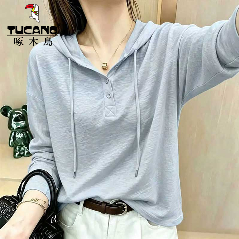 Woodpecker European-Style Blue Bamboo Cotton Hooded Long-Sleeve T-Shirt for Women, Autumn Luxury High-End Hoodie Base Layer Top Woodpecker European-Style Blue Bamboo Cotton Hooded Long-Sleeve T-Shirt for Women, Autumn Luxury High-End Hoodie Base Layer Top