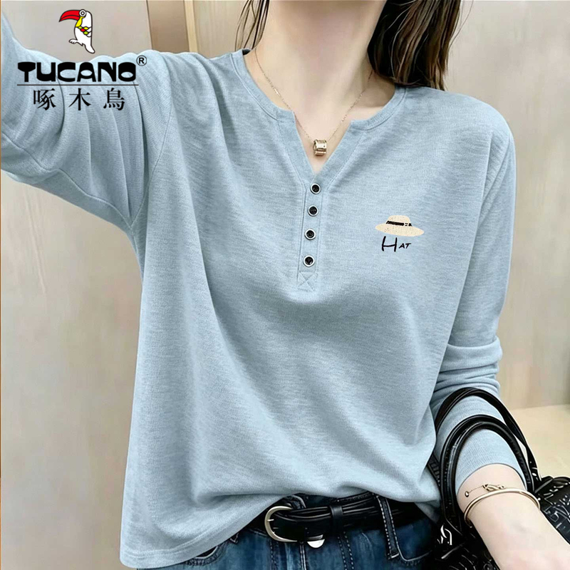 Woodpecker Pure Cotton Loose Slimming Long-Sleeve T-Shirt for Women, Spring and Autumn Design, Age-Reducing Base Shirt, V-Neck Blue Top Woodpecker Pure Cotton Loose Slimming Long-Sleeve T-Shirt for Women, Spring and Autumn Design, Age-Reducing Base Shirt, V-Neck Blue Top
