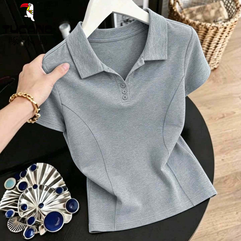Woodpecker Brand Short-Sleeved T-Shirt for Women, Summer 2026 New Style, Petite Size, Slim Fit, Short Polo Collar Top