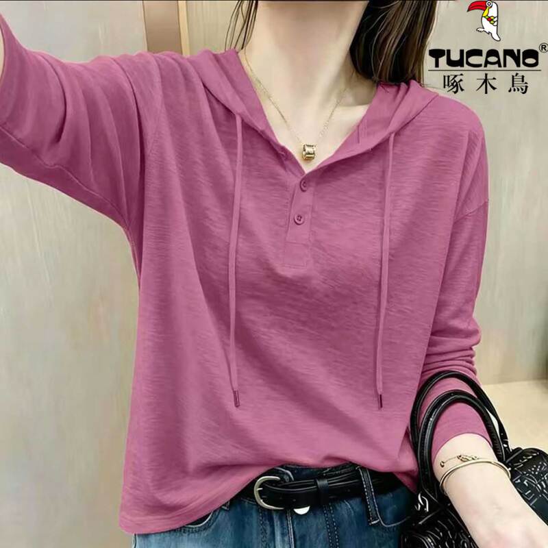 Woodpecker Rose Red Bamboo Cotton Hooded Long-Sleeve T-Shirt for Women, Autumn Sweatshirt, Hoodie, Layering, Outerwear, High-End Top