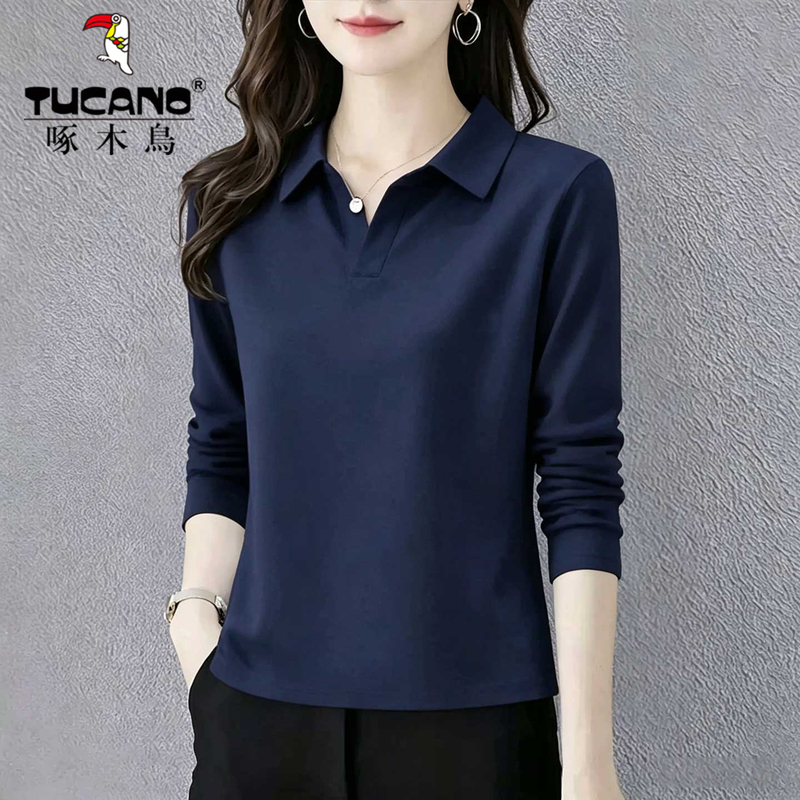 Woodpecker Mom Lapel Long Sleeve Base Shirt Pure Cotton 2026 New Spring and Autumn Versatile T-Shirt Women's Stylish Polo Shirt