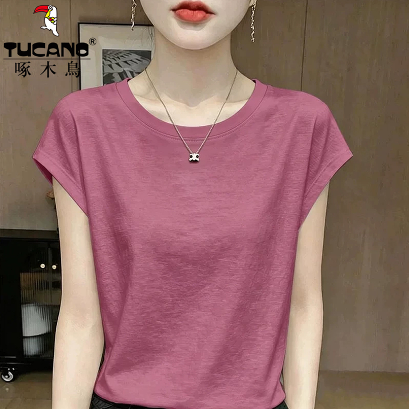 Woodpecker Bamboo Cotton Rose Pink Ice Silk Thin Short-Sleeve T-Shirt for Women, Summer Loose Fit, Slimming, Regular Shoulder, Round Neck Top