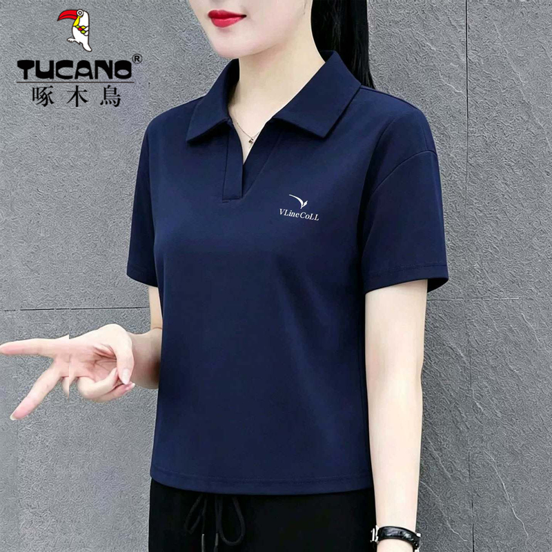 Woodpecker Summer Short-Sleeved T-Shirt for Middle-Aged Women, Fashionable and Stylish, with a Turn-Down Collar, Made of Cotton, Loose-Fitting and Flattering