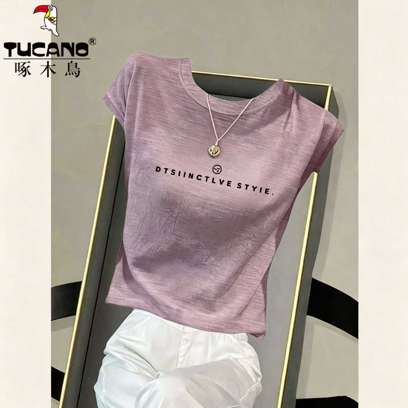 Woodpecker Round Neck Regular Shoulder Snowflake Cotton Short-Sleeve T-Shirt for Women ins Trendy Fashion Casual Summer Purple Top Thin Style
