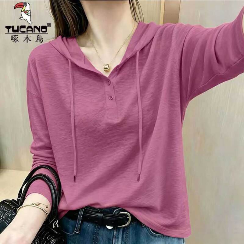 Woodpecker Bamboo Cotton Hooded Long Sleeve T-Shirt Women's Autumn New Rose Pink Fashionable Age-Reducing Base Shirt Top Woodpecker Bamboo Cotton Hooded Long Sleeve T-Shirt Women's Autumn New Rose Pink Fashionable Age-Reducing Base Shirt Top