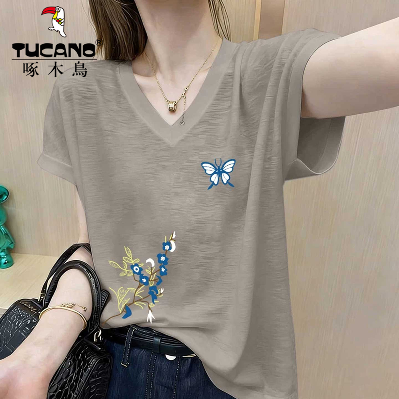 Woodpecker Summer Bamboo Cotton V-Neck Short Sleeve T-Shirt for Women, Loose Thin Design, Casual Versatile Top