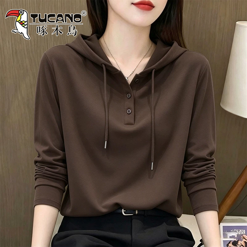 Woodpecker Pure Cotton Coffee-Colored Fashionable Hooded T-Shirt for Women 2026 Autumn New Loose-Fitting Age-Reducing Slimming Long-Sleeve Top Woodpecker Pure Cotton Coffee-Colored Fashionable Hooded T-Shirt for Women 2026 Autumn New Loose-Fitting Age-Reducing Slimming Long-Sleeve Top