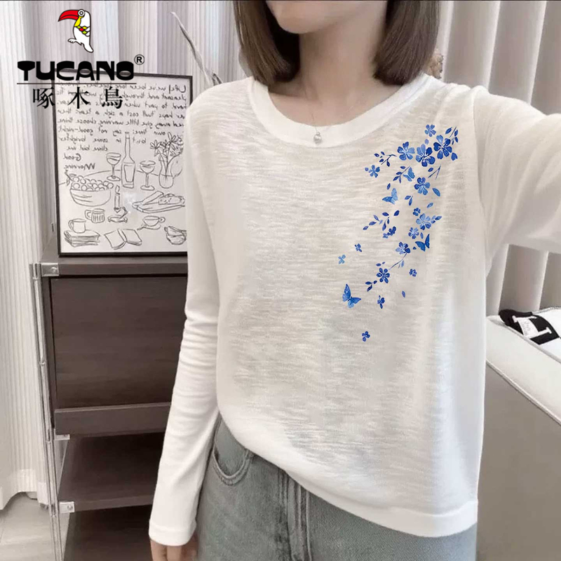 Woodpecker Korean Style Simple Loose Slimming Snowflake Cotton Long-Sleeve T-Shirt for Women, Lightweight Round-Neck Top for Spring and Autumn Woodpecker Korean Style Simple Loose Slimming Snowflake Cotton Long-Sleeve T-Shirt for Women, Lightweight Round-Neck Top for Spring and Autumn