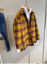 Japanese niche tide brand yellow plaid loose wool warm cotton jacket female 20 autumn and winter new 9653