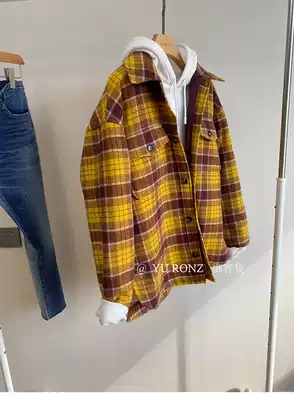 Japan niche Tide brand yellow plaid loose wool warm cotton coat women 20 autumn winter New 9653