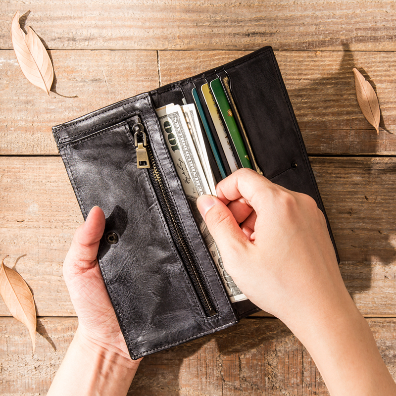 Retro genuine leather Long version wallet Male Rooted Tanning Cow Leather Dark money clip Handmade personality Phone wallet Multi-blocking card bag