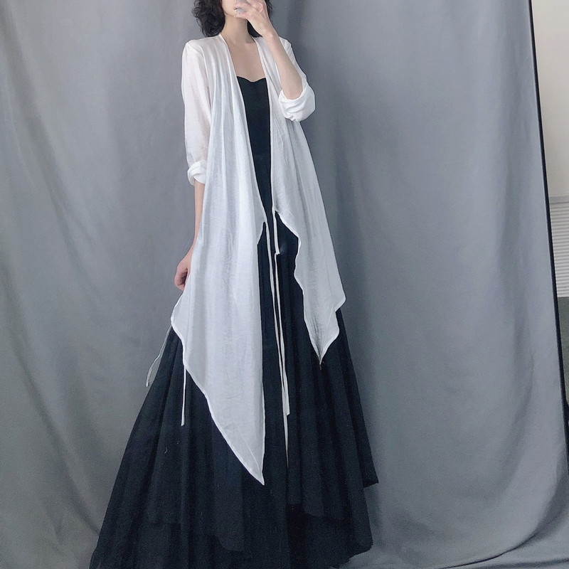 Black and White Simple Retro Lace-Up Zen-Style Chinese Trench Coat Cardigan Mid-Length Irregular Long-Sleeve Sun-Protective Flowing Jacket