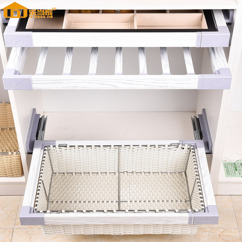 Wardrobe Pull Basket Cloister room hanging trousers drawer containing cassette push-and-pull storage basket Rattan Basket Telescopic Trousers Rack Five Gold Accessories