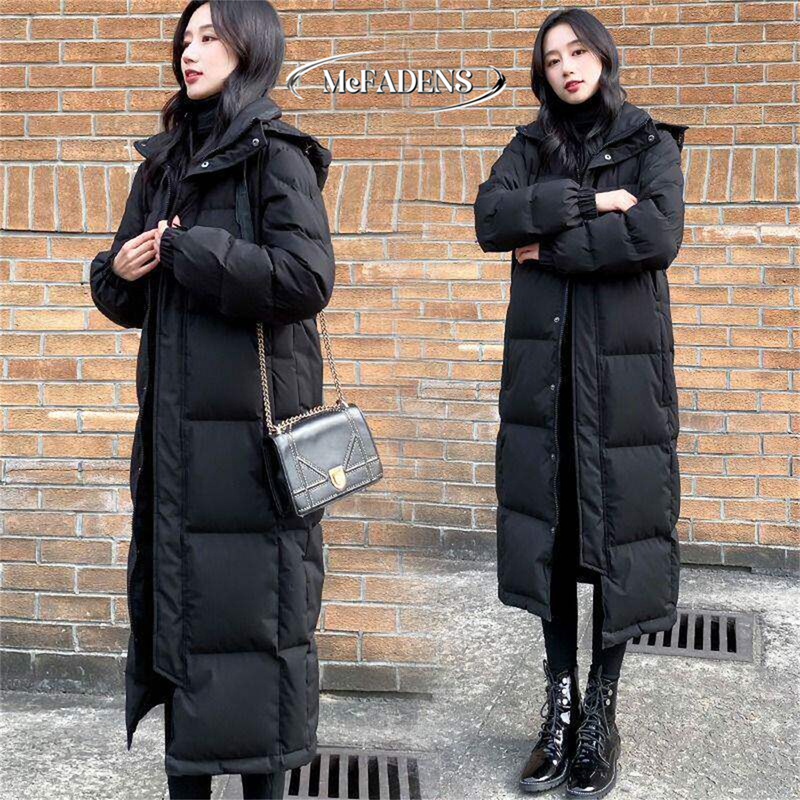 Hong Kong's New Winter Style Korean-Style Long Over-The-Knee Cotton Coat for Women, Black Hooded Thickened Loose Warm Cotton Jacket Trendy