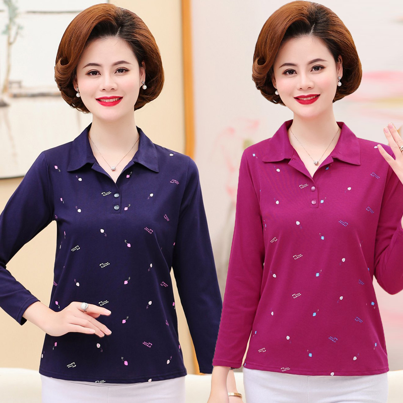 Middle-aged women's spring and autumn long-sleeved T-shirt 40-50 years old mother's wear elastic cotton autumn shirt sports sweatshirt