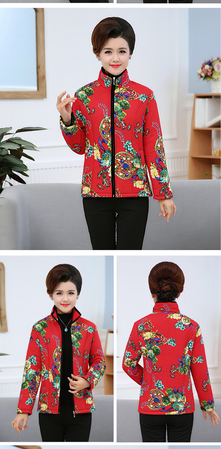 Quần áo phụ nữ trung niên mùa đông nhỏ cotton ngắn đoạn in người cao tuổi lỏng lẻo cỡ lớn tải bà áo khoác cotton dài tay áo khoác cho phụ nữ 50 tuổi