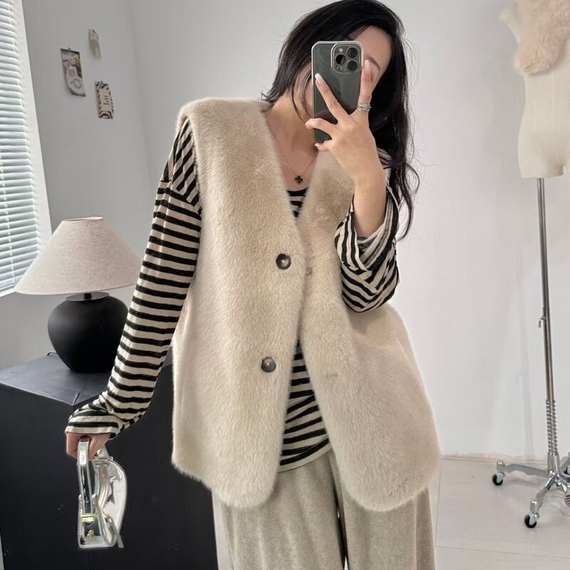 2025 Autumn/Winter New Women's Short Fashionable Korean Style Mink Fur Vest Casual Fashion Thickened