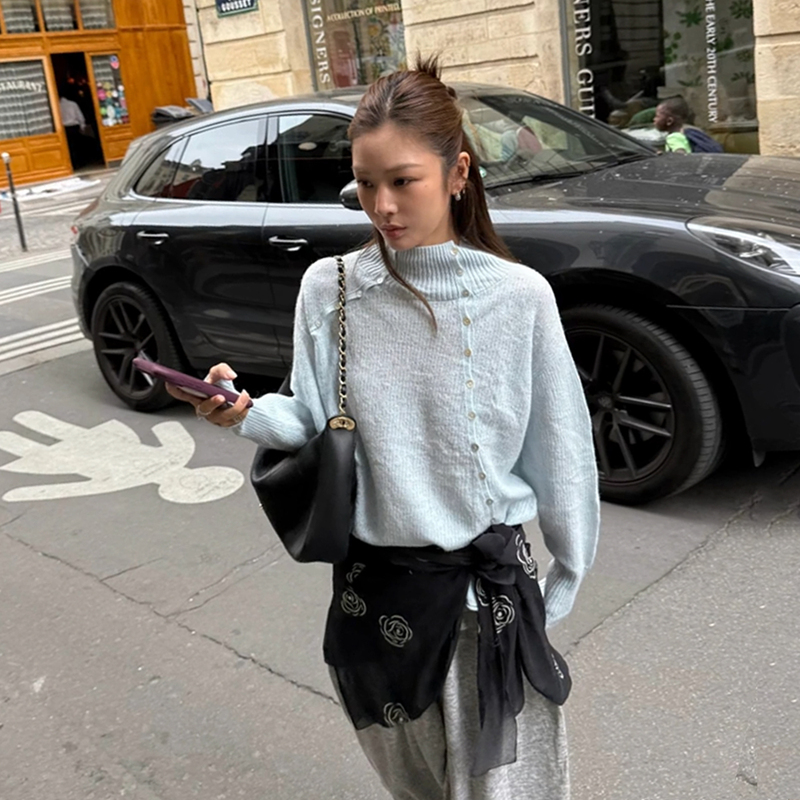 In-Stock Yigenana Same Style Square Circle Square-Circle Buttoned Lantern Sleeve Sweater Knitwear