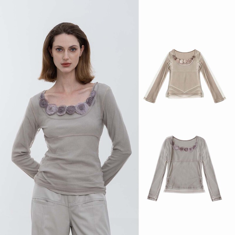 Loge 32 Multi-Color Floral Embroidered Double-Layer Gauze Square-Neck Long-Sleeve T-Shirt Slim Fit Top for Women 26 Early Autumn New