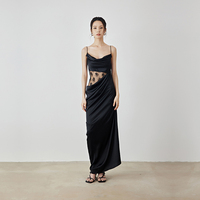 MOODxMIURA black satin waist hollow suspender dress with collar and backless temperament long skirt for women 2024 summer