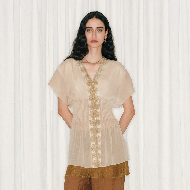 [in Stock] Palavas Sari-Style Prayer Pastoral Chiffon Lightweight Short-Sleeve Waist-Cinching Women's Lace V-Neck Top