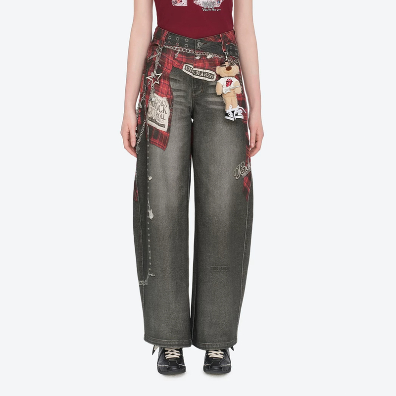 13Demarzo Rolling Stones Co-Branded Series Bear Shirt Print Vintage Jeans for Women 26 Autumn and Winter New Style