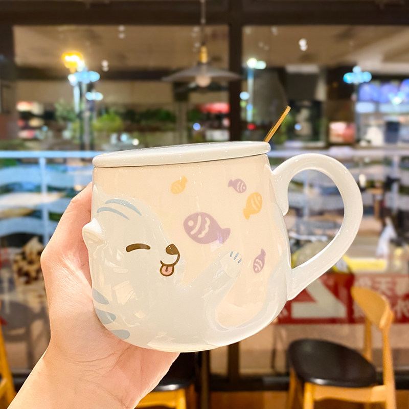 Japanese-style cat ceramic cup female cute girl creative mug breakfast cup with lid personality trend water cup