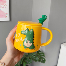 Nordic cute dinosaur ceramic water Cup mug with spoon cover girl heart home drinking milk large capacity Cup