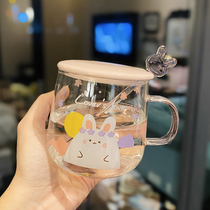 Pink girl heart glass cherry blossom rabbit Korean female student cute super cute Moren oatmeal breakfast transparent water Cup