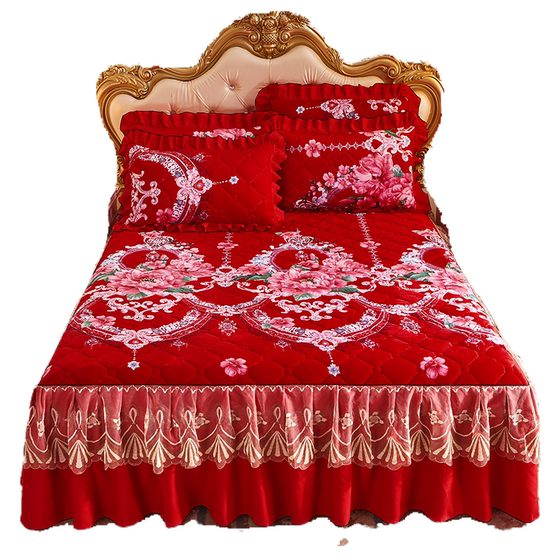 Crystal velvet warm thickened bed cover quilted bed skirt type single piece lace edge bed cover cover plus cotton bed set three-piece set 2m