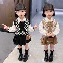 Girls JK set spring wear 2022 new style college style three-piece set childrens plaid vest pleated skirt childrens dress foreign