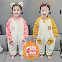 Baby pajamas winter style children plus fleece coral fleece jumpsuit girls children flannel homewear anti-kicking sleeping bag