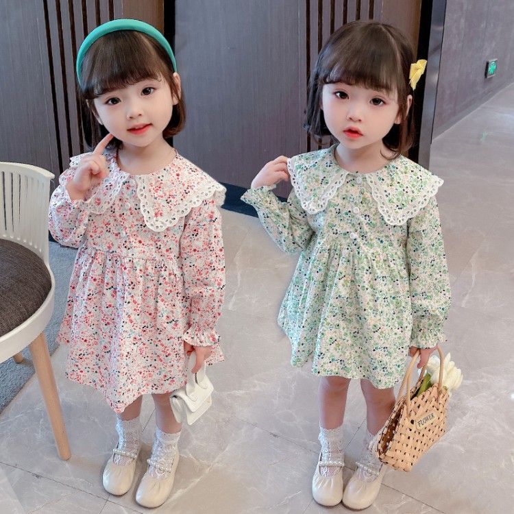 Female baby Broken Flowers Ocean Dress Girl Doll Collar Princess Skirt Polo Fashion Little Girl Sweet Dress Tide