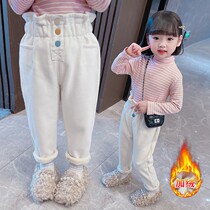 Female treasure plus velvet jeans childrens pants winter wear thick off-white slacks foreign korean version of girls warm pants