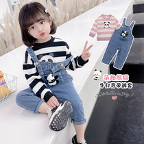 Kids denim suspender pants set girls striped sweatshirt strappy pants two-piece set of foreign baby spring clothes