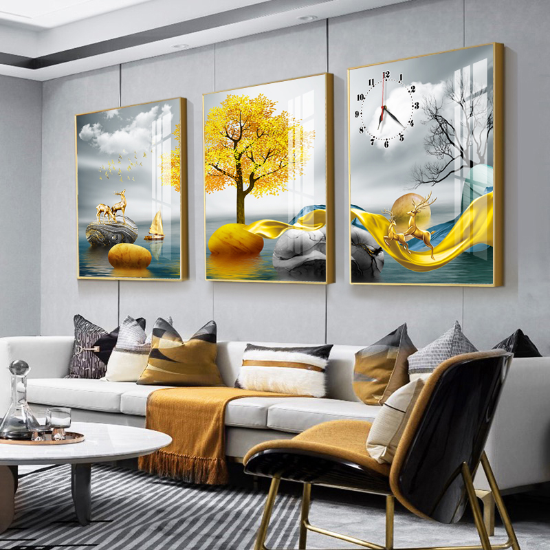 Living room decoration painting sofa background wall painting modern light luxury atmosphere crystal porcelain Nordic hanging painting mute wall clock painting